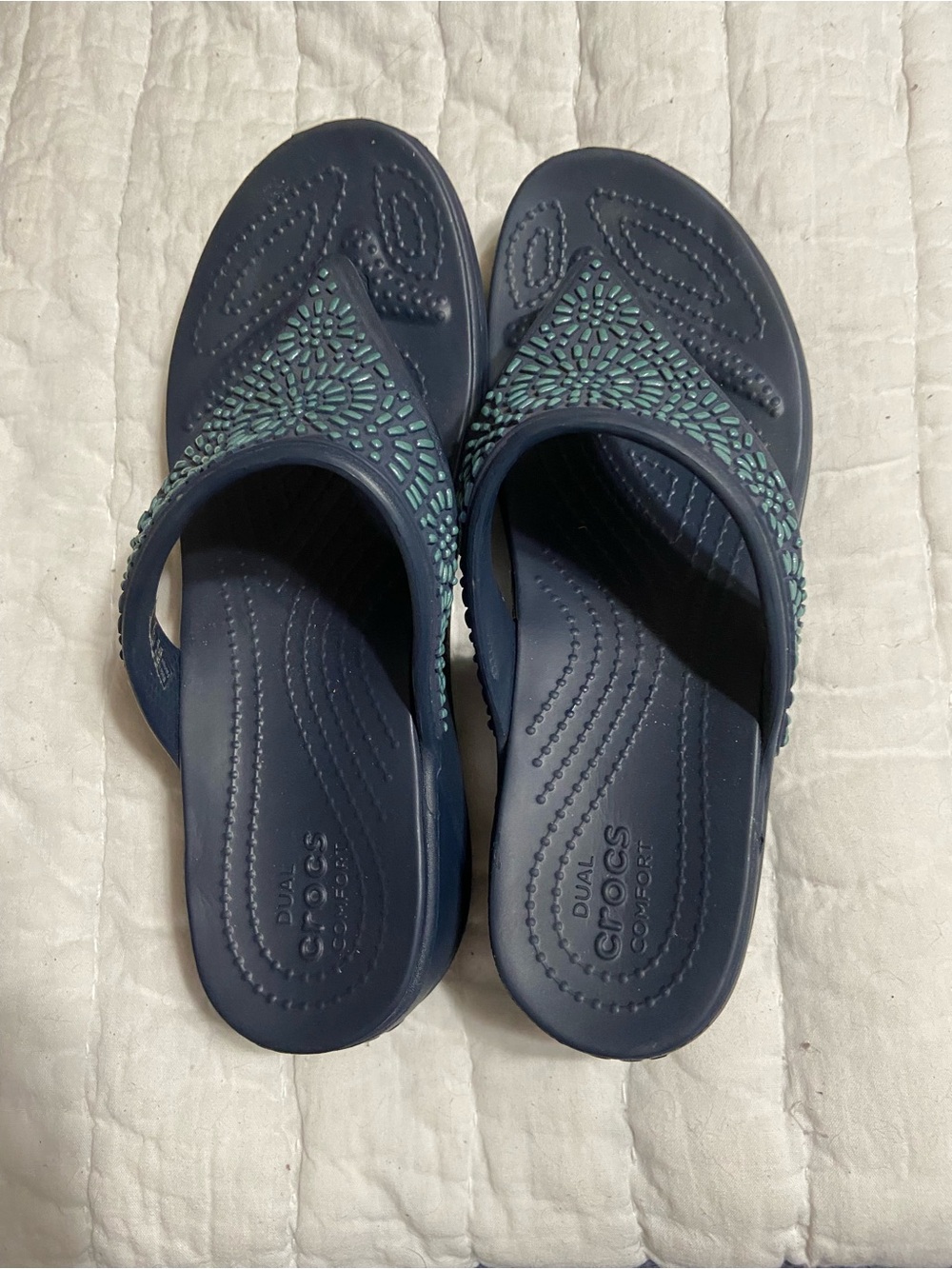 CROCS Navy Slide Monterey Size 9 Sandals with Teal Decorative Accents